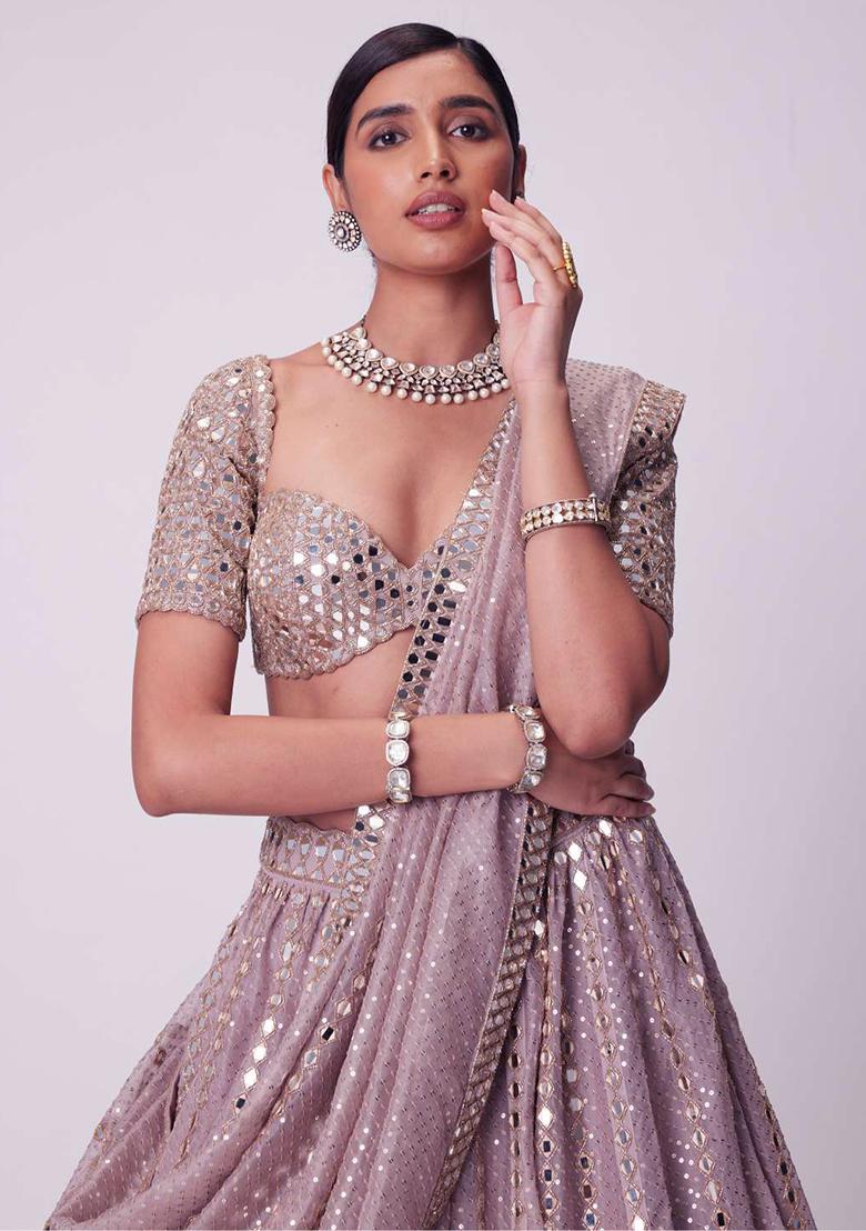 Ash Pink Embroidery Organza Lehenga Set - Indya