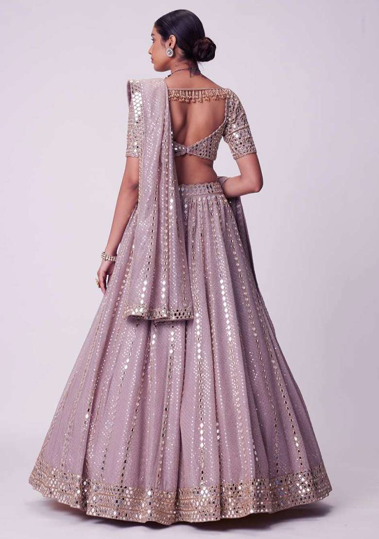Ash Pink Embroidery Organza Lehenga Set for Diwali and Festive Wear - Indya
