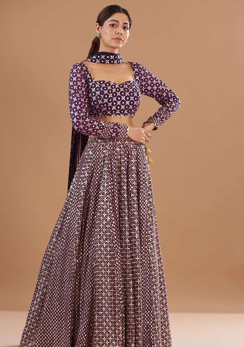 Wine Embroidery Georgette Lehenga Set for Diwali and Festive Wear - Indya