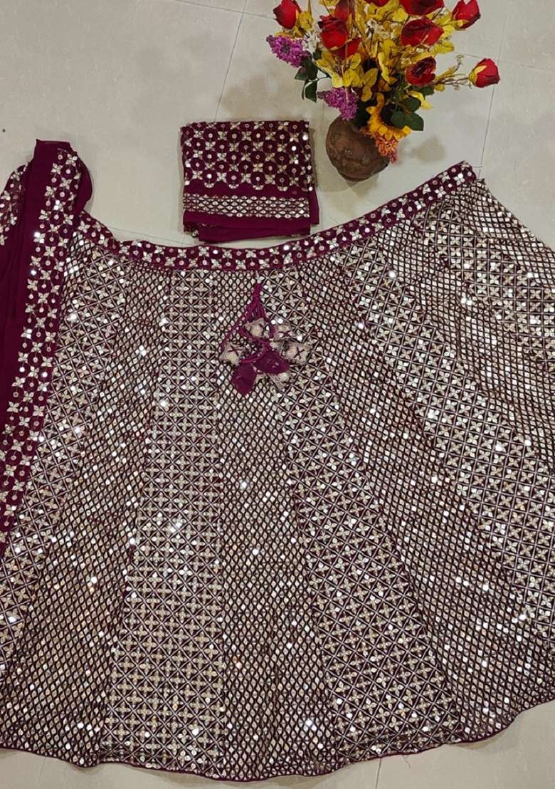 Wine Embroidery Georgette Lehenga Set for Diwali and Festive Wear - Indya