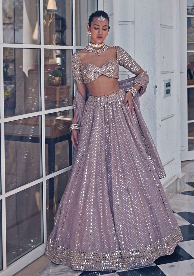 Ash Pink Organza Lehenga Set with Embroidery for Diwali | Wedding & Festive Wear - Indya