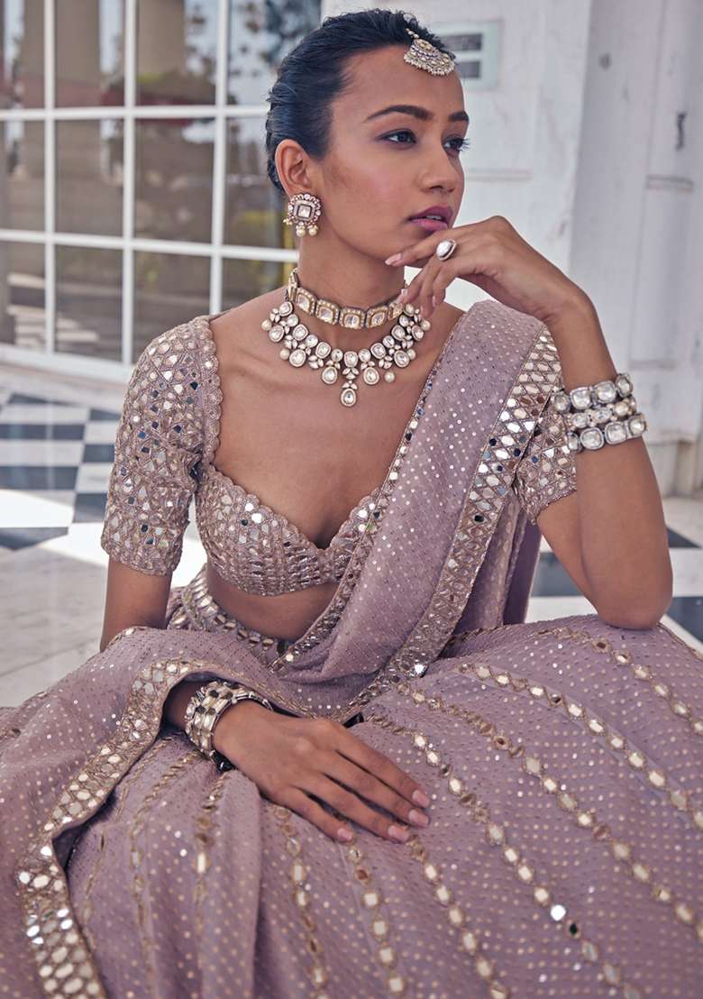 Ash Pink Organza Lehenga Set with Embroidery for Diwali | Wedding & Festive Wear - Indya