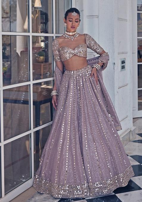 Ash Pink Embroidery Organza Lehenga Set