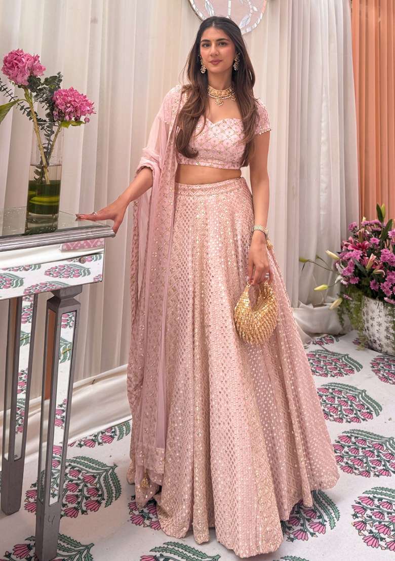 Baby Pink Georgette Lehenga Set with Embroidery for Diwali | Wedding & Festive Wear - Indya