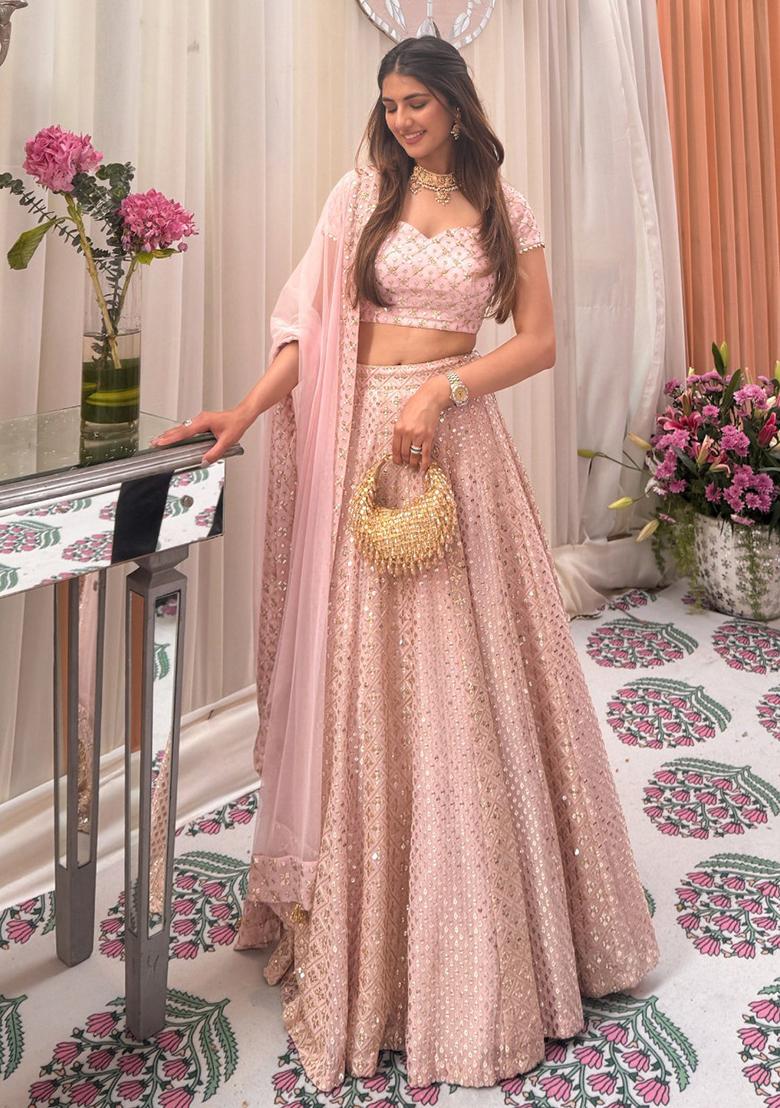 Baby Pink Embroidery Georgette Lehenga Set - Indya