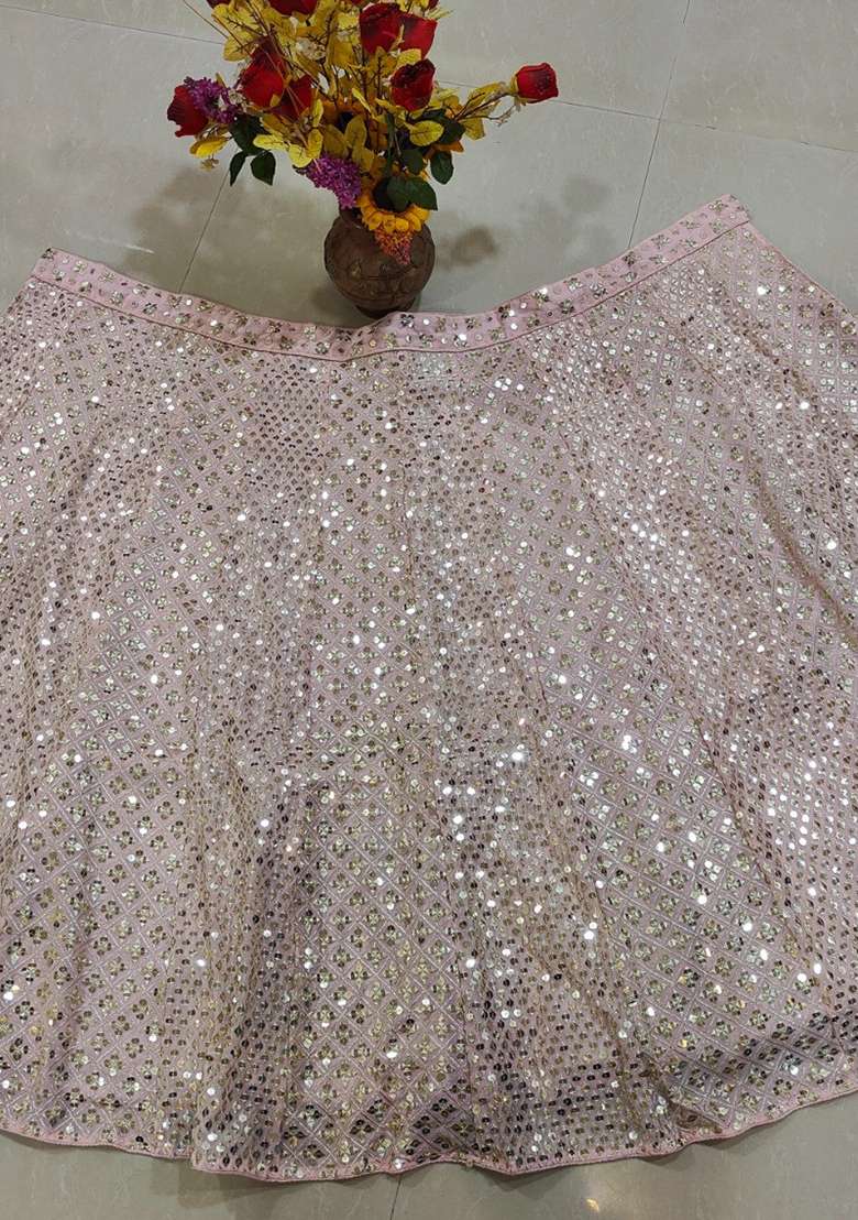 Baby Pink Georgette Lehenga Set with Embroidery for Diwali | Wedding & Festive Wear - Indya