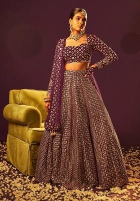 Wine Embroidery Georgette Lehenga Set