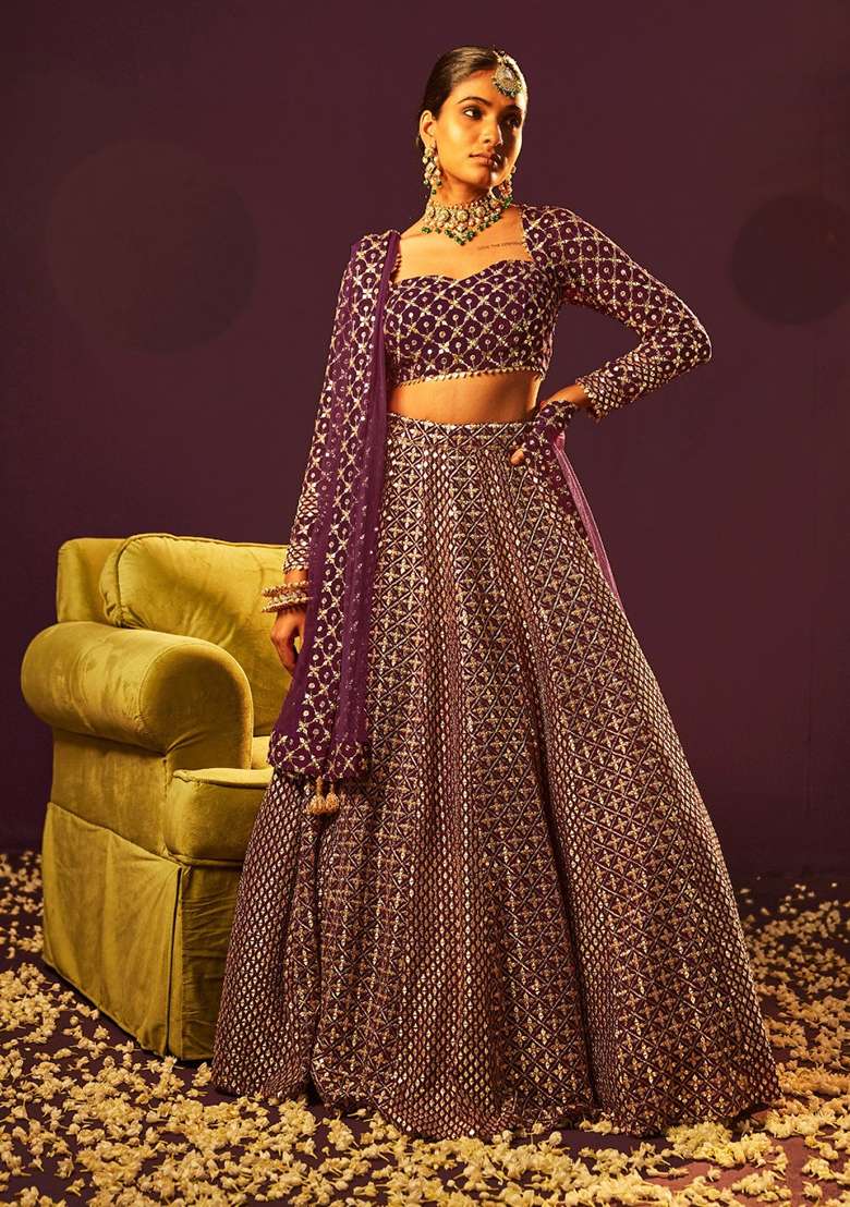Wine Embroidery Georgette Lehenga Set for Diwali and Festive Wear - Indya