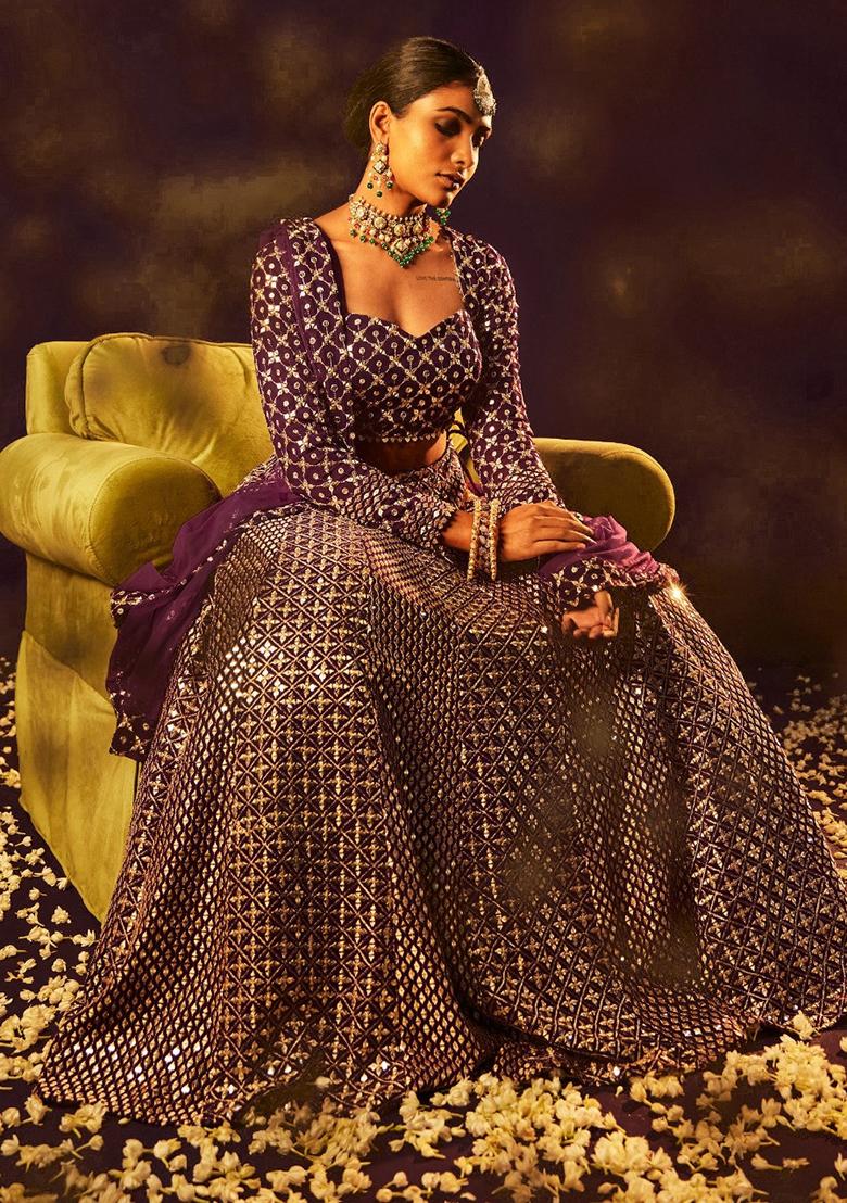 Wine Embroidery Georgette Lehenga Set - Indya