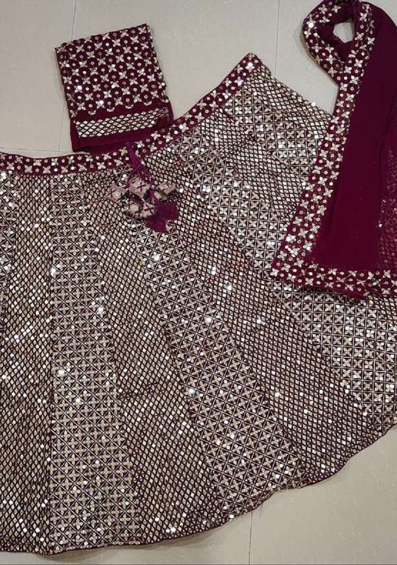 Wine Embroidery Georgette Lehenga Set for Diwali and Festive Wear - Indya