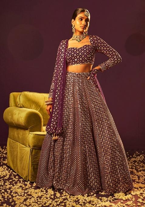 Wine Embroidery Georgette Lehenga Set