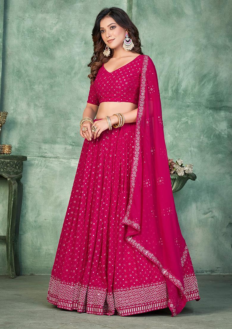Pink Embroidery Georgette Lehenga Set - Indya