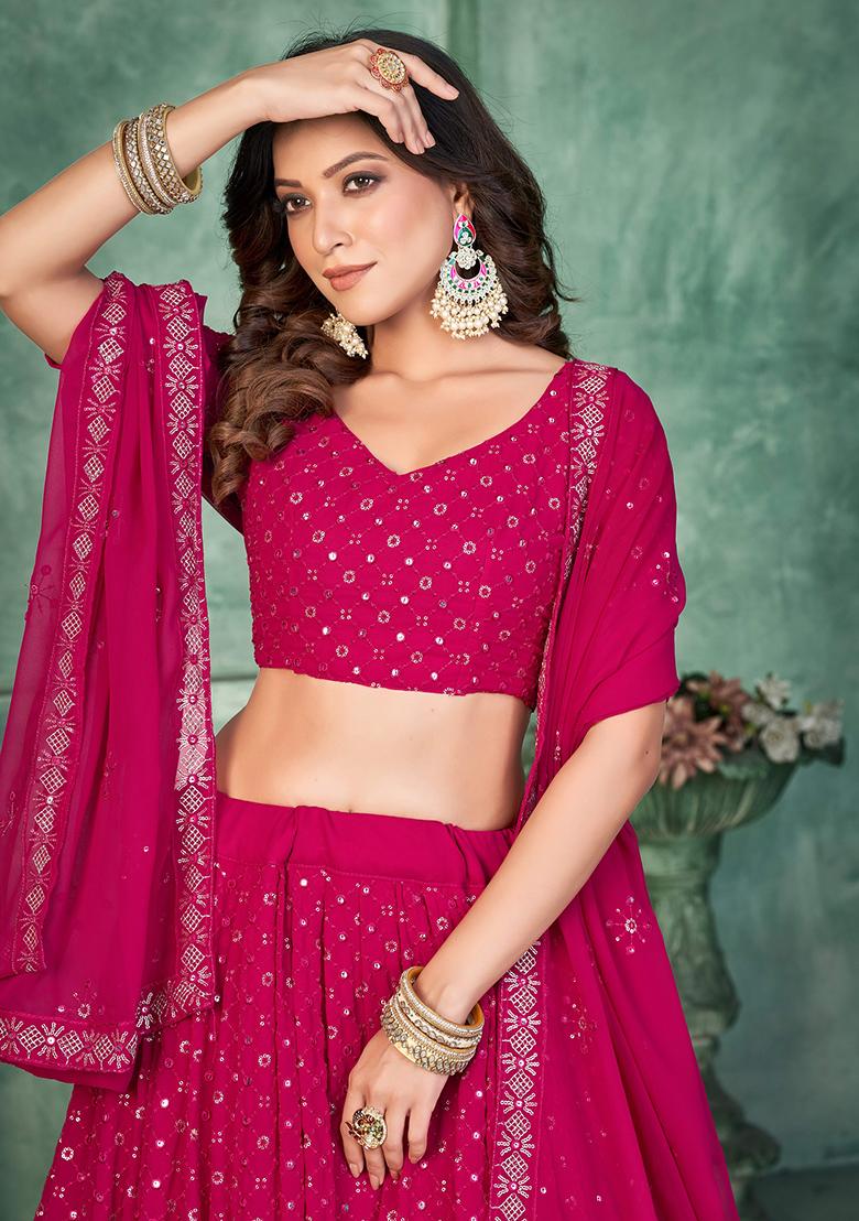 Pink Embroidery Georgette Lehenga Set - Indya