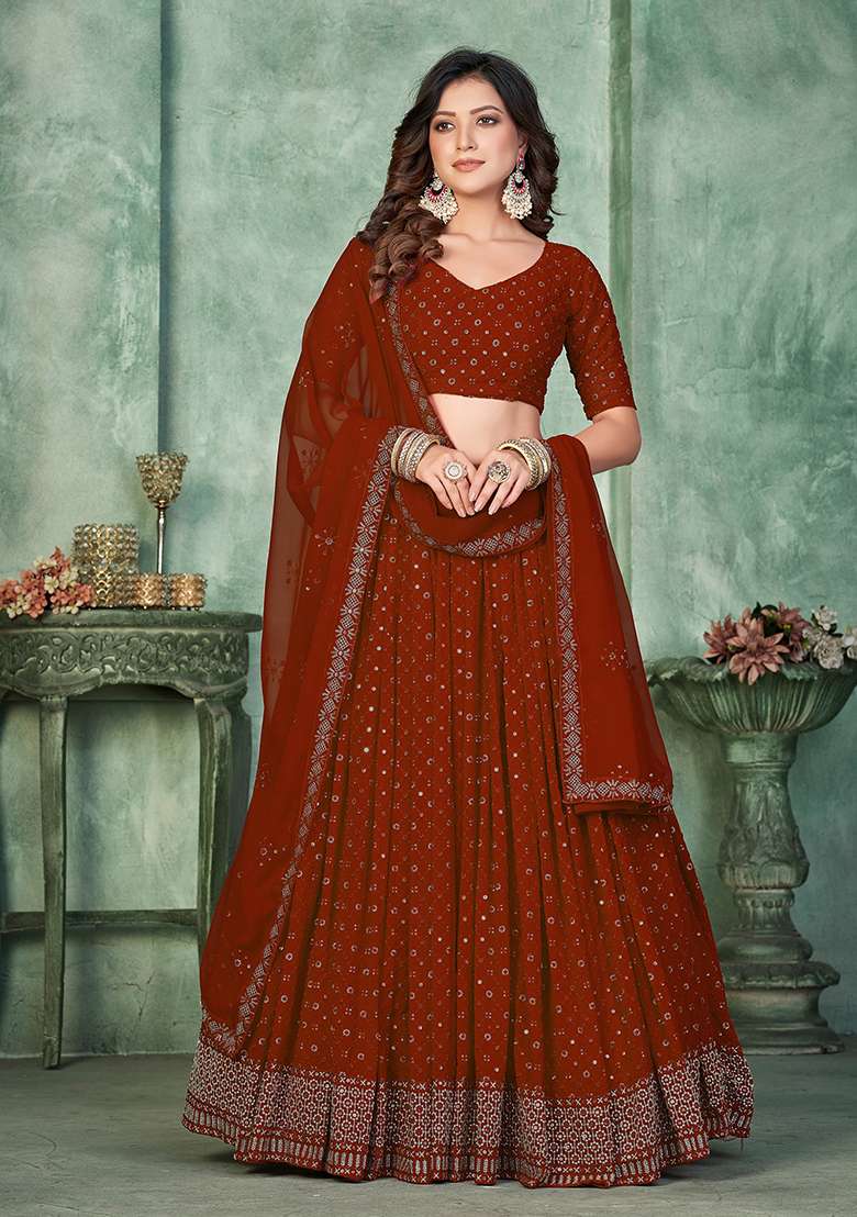 Maroon Embroidery Georgette Lehenga Set for Diwali and Festive Wear - Indya