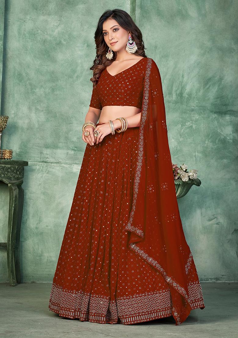 Maroon Embroidery Georgette Lehenga Set - Indya