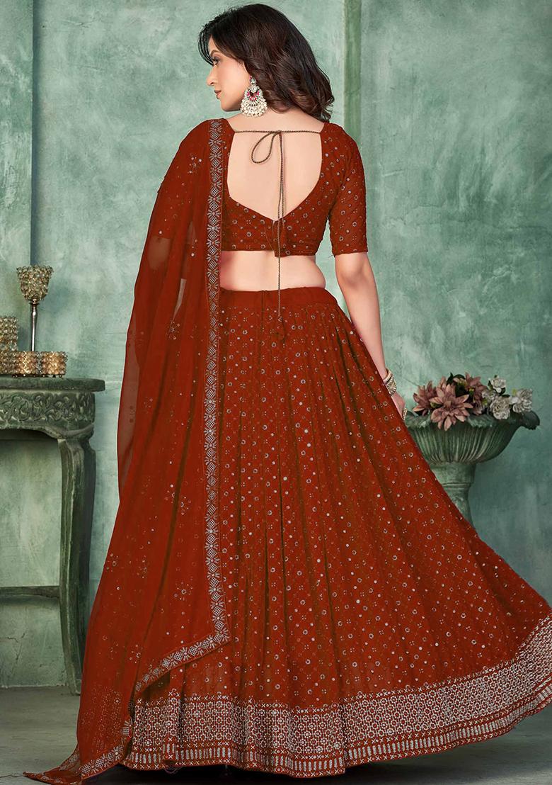 Maroon Embroidery Georgette Lehenga Set - Indya