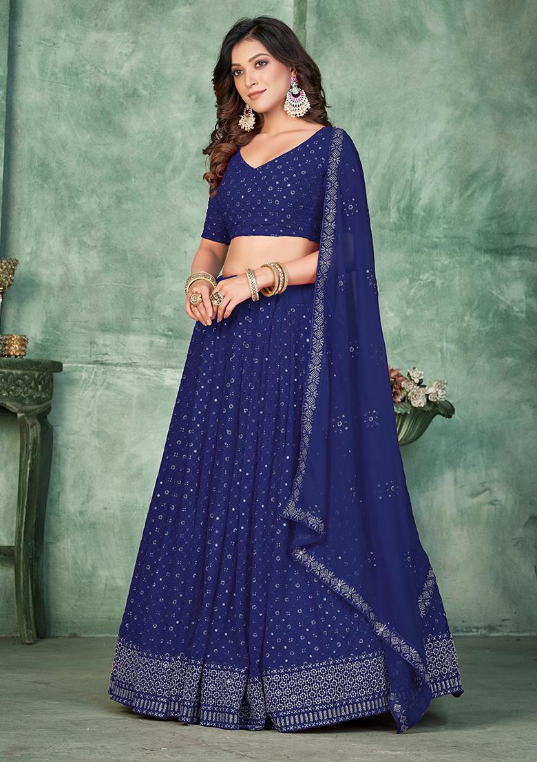 Navy Blue Embroidery Georgette Lehenga Set - Indya