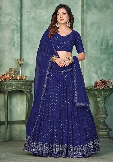 Navy Blue Embroidery Georgette Lehenga Set