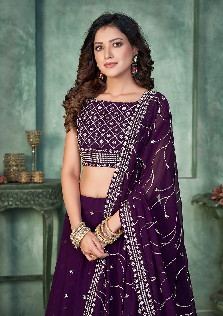 Purple Embroidery Georgette Lehenga Set - Indya