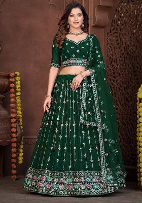 Dark Green Embroidery Georgette Lehenga Set