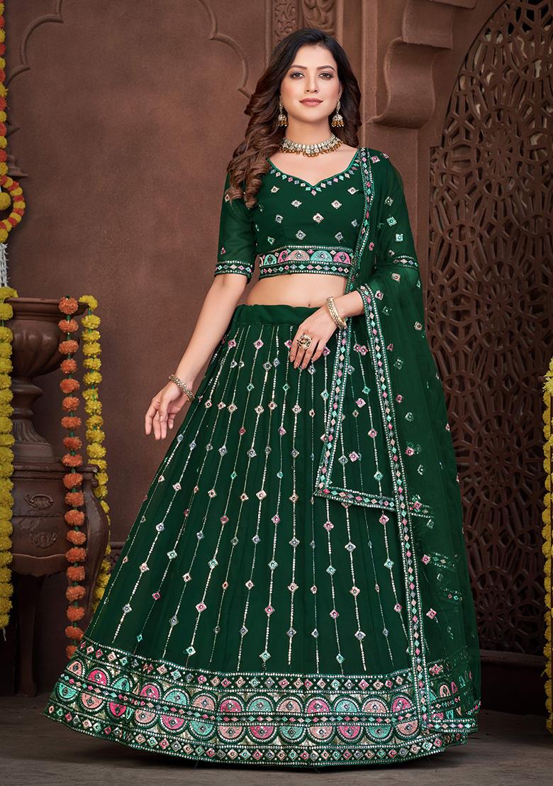 Dark Green Embroidery Georgette Lehenga Set - Indya