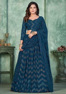 Aqua Blue Embroidery Georgette Lehenga Set