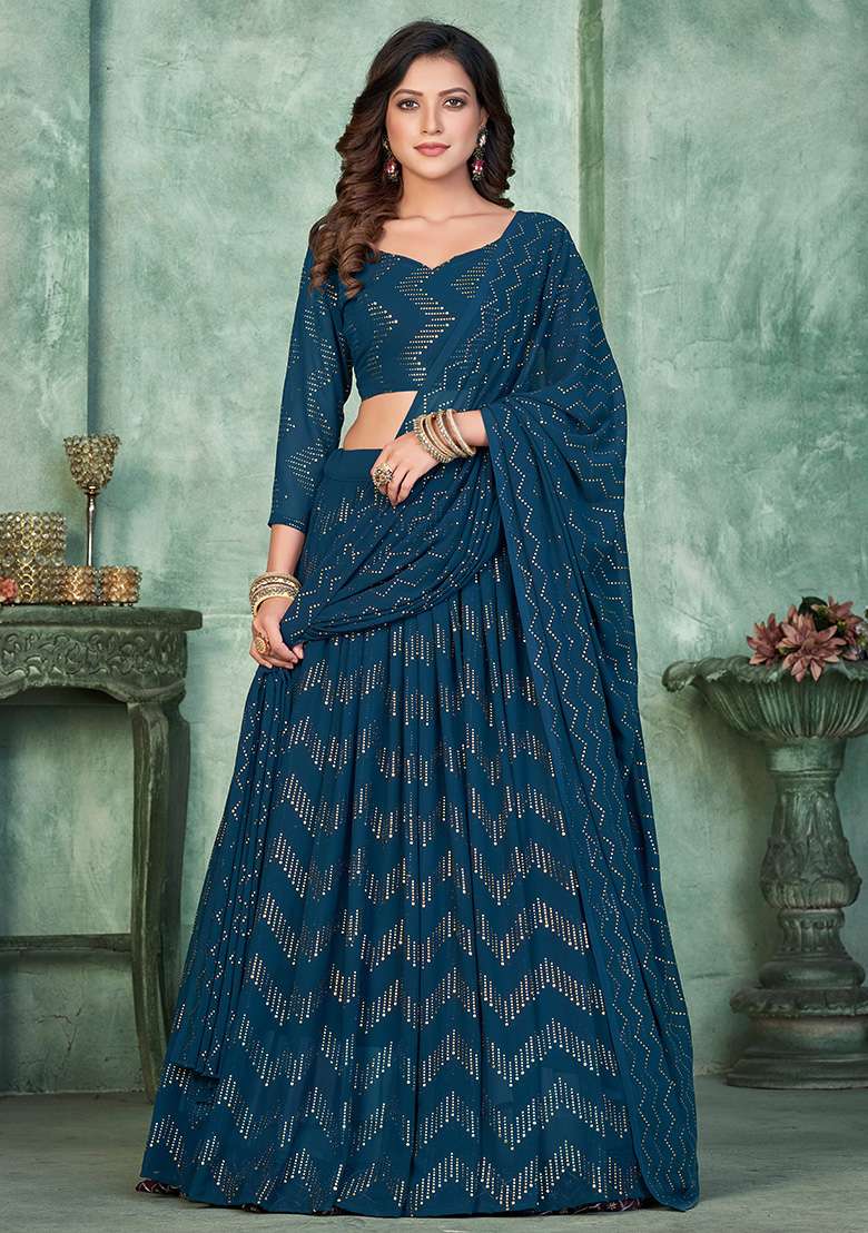 Aqua Blue Embroidery Georgette Lehenga Set for Diwali and Festive Wear - Indya