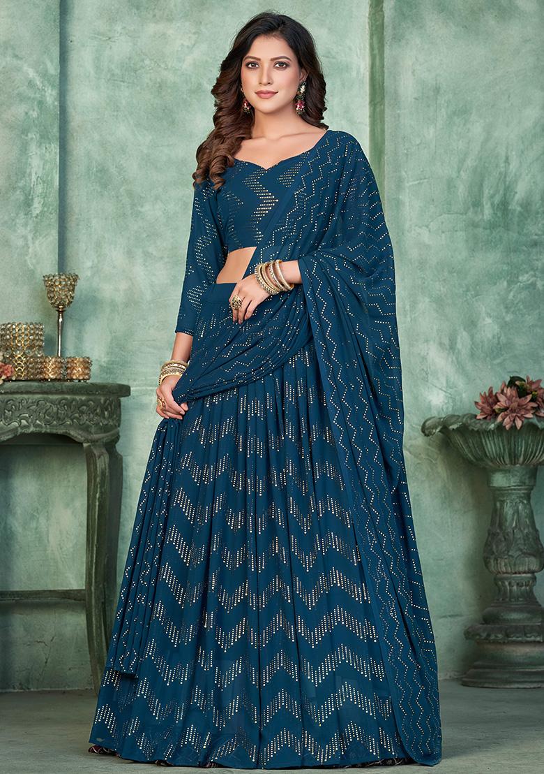 Aqua Blue Embroidery Georgette Lehenga Set - Indya