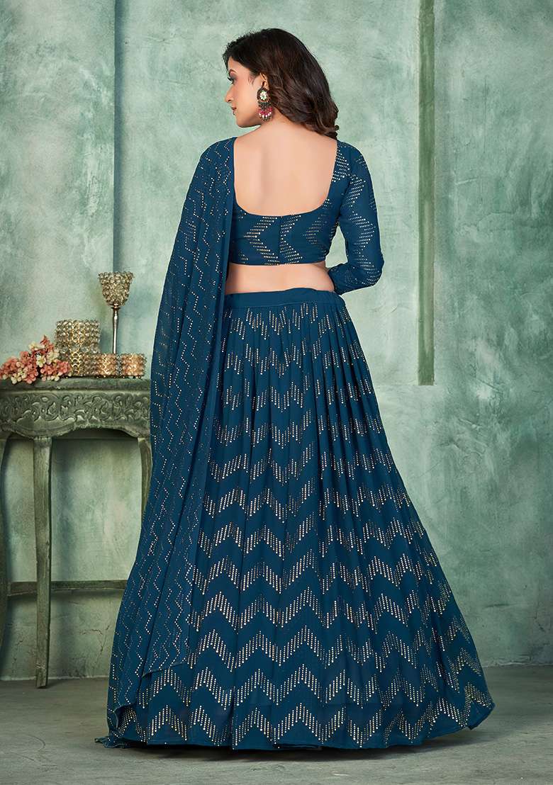 Aqua Blue Embroidery Georgette Lehenga Set for Diwali and Festive Wear - Indya