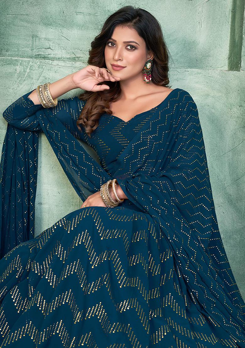 Aqua Blue Embroidery Georgette Lehenga Set - Indya