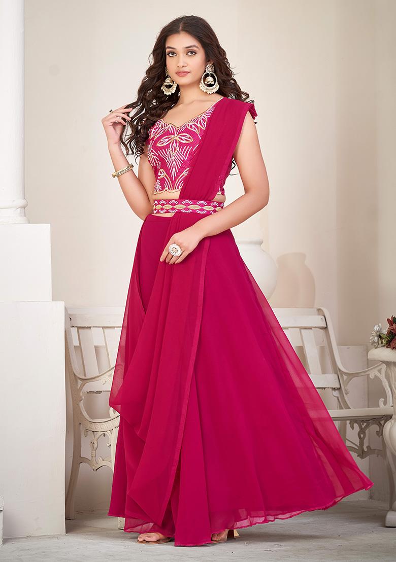 Pink Embroidery Georgette Lehenga Set - Indya
