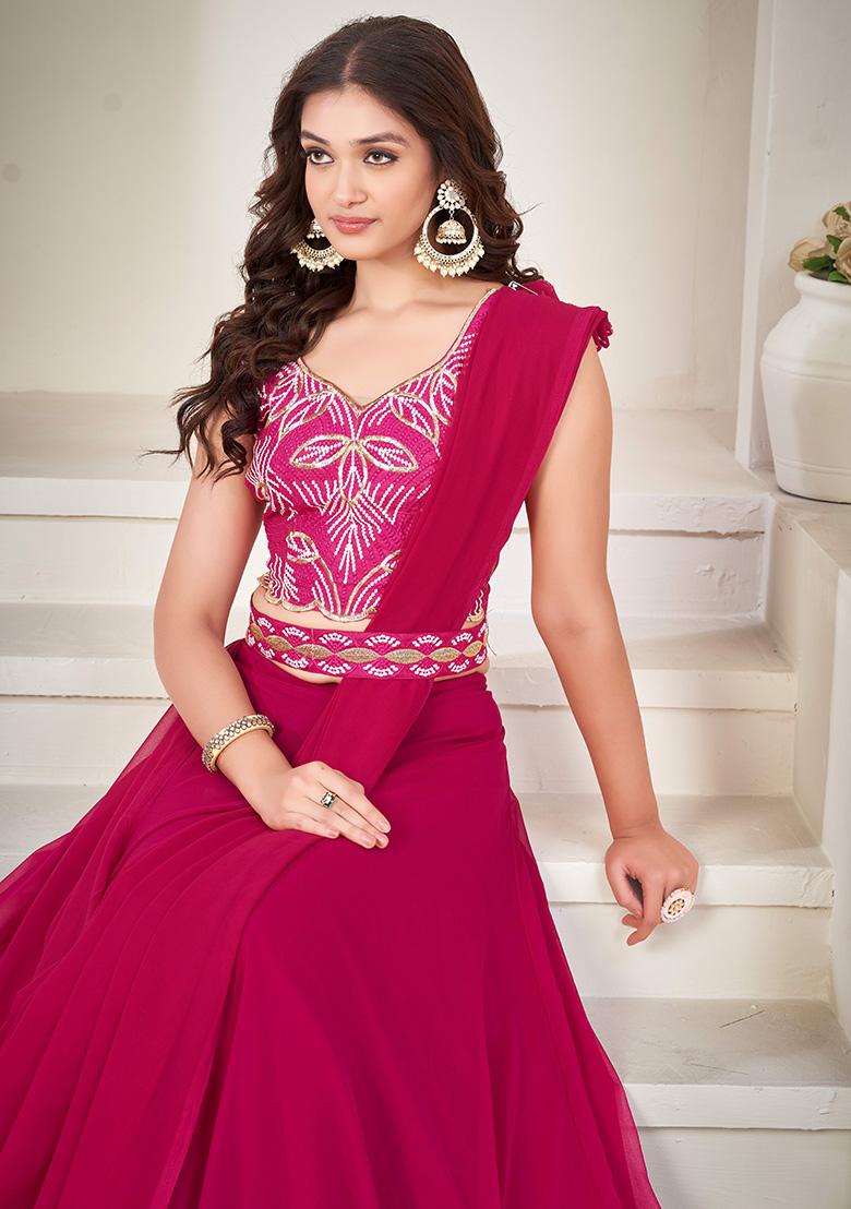 Pink Embroidery Georgette Lehenga Set - Indya