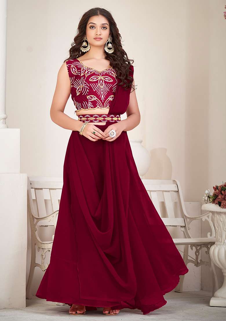 Maroon Embroidery Georgette Lehenga Set for Diwali and Festive Wear - Indya
