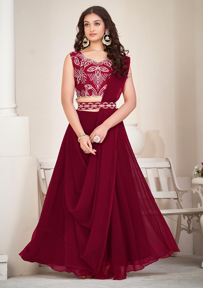 Maroon Embroidery Georgette Lehenga Set - Indya