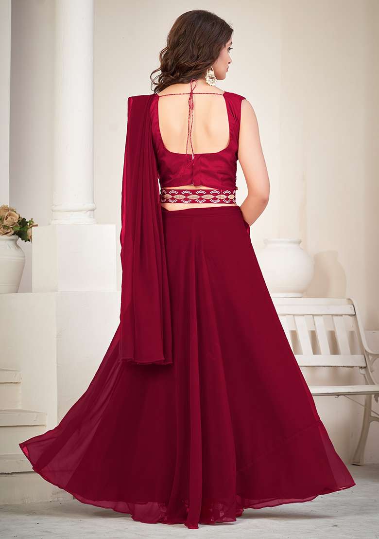 Maroon Embroidery Georgette Lehenga Set for Diwali and Festive Wear - Indya