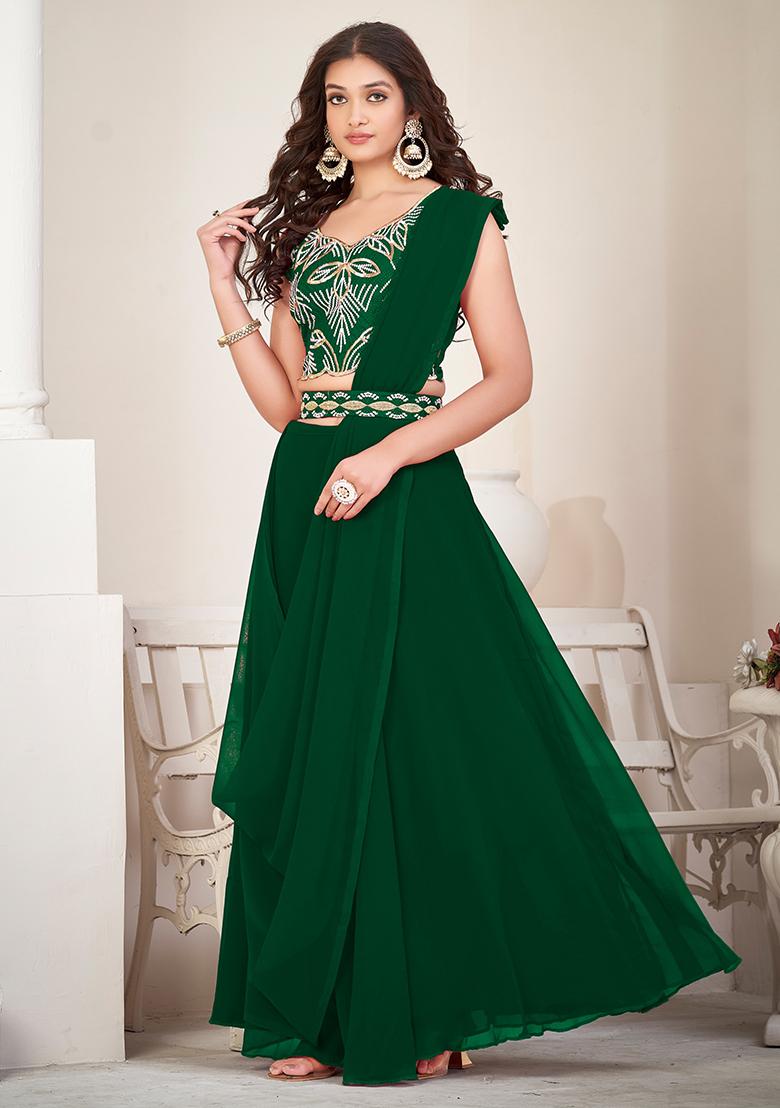 Green Embroidery Georgette Lehenga Set - Indya