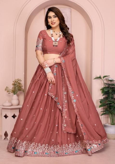 Rust Embroidery Georgette Lehenga Set