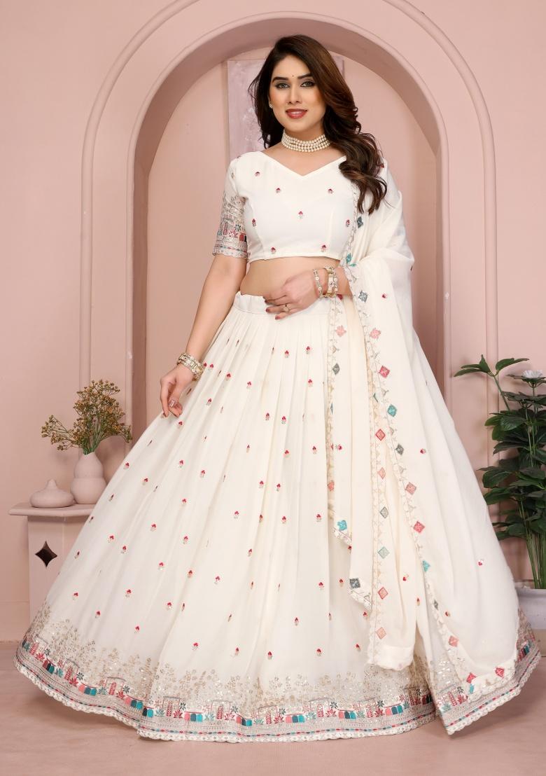 White Embroidery Georgette Lehenga Set - Indya