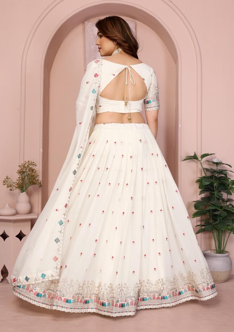 White Embroidery Georgette Lehenga Set - Indya