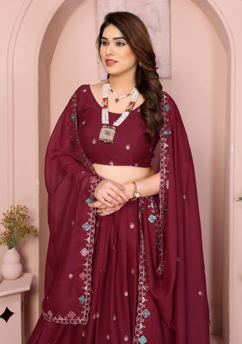Maroon Embroidery Georgette Lehenga Set - Indya
