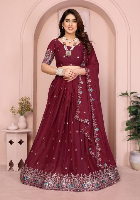 Maroon Embroidery Georgette Lehenga Set