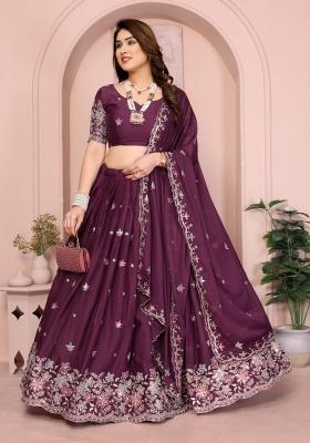Wine Embroidery Georgette Lehenga Set