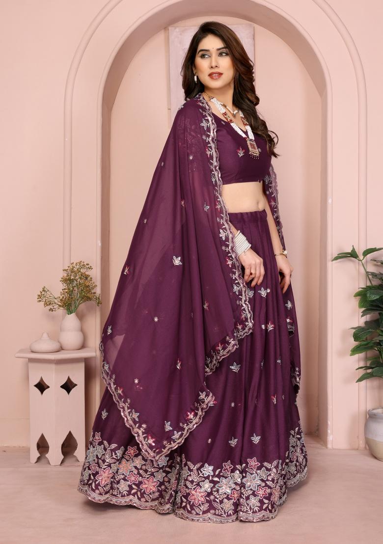 Wine Embroidery Georgette Lehenga Set - Indya