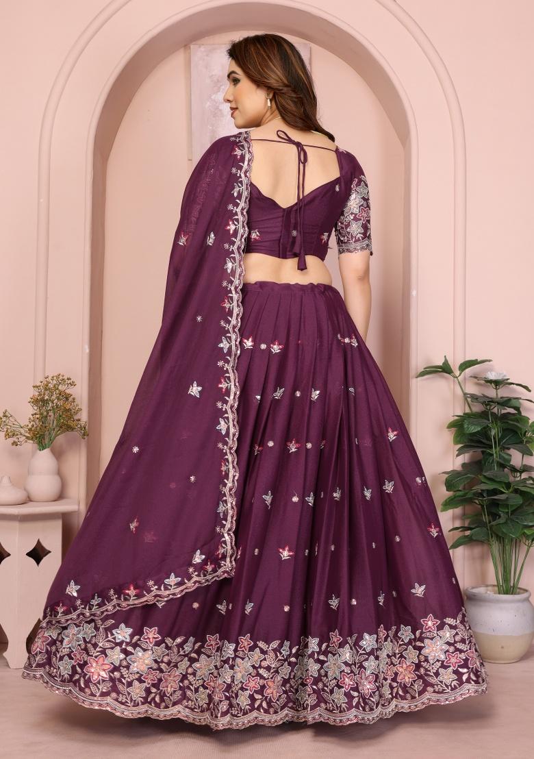 Wine Embroidery Georgette Lehenga Set - Indya