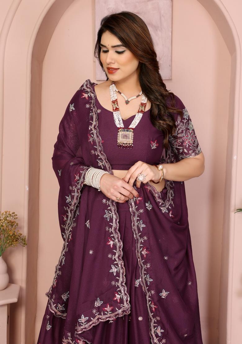Wine Embroidery Georgette Lehenga Set - Indya
