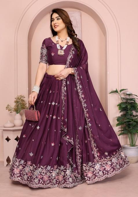 Wine Embroidery Georgette Lehenga Set