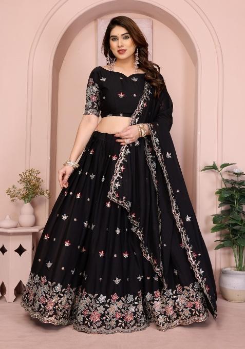 Black Embroidery Georgette Lehenga Set