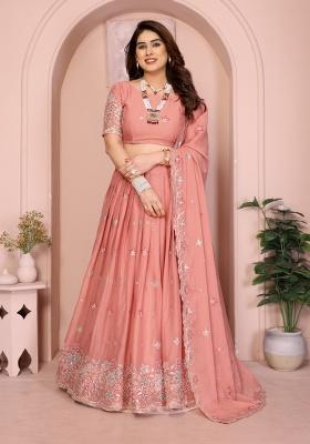 Peach Embroidery Georgette Lehenga Set