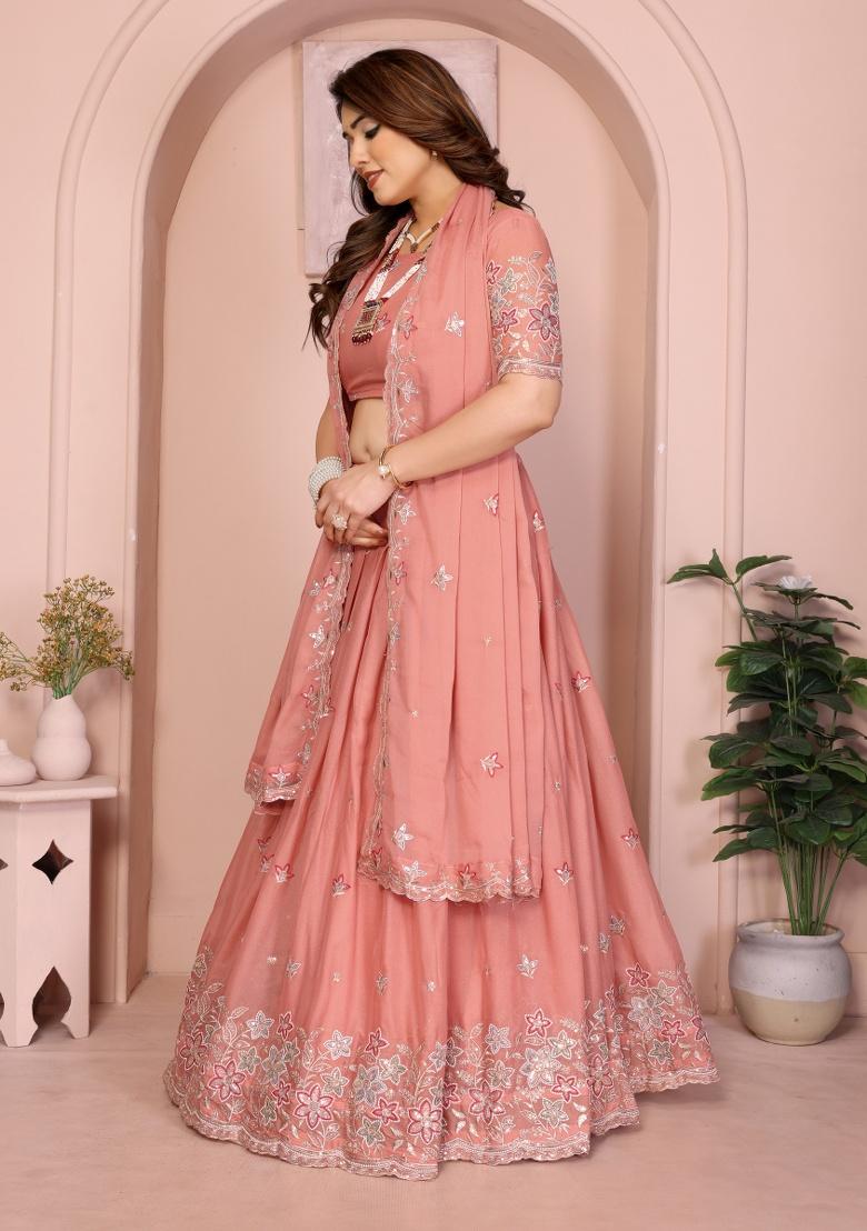 Peach Embroidery Georgette Lehenga Set - Indya