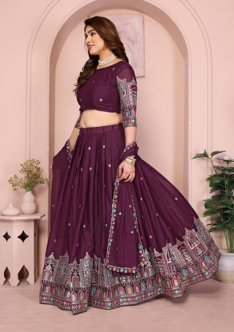 Wine Embroidery Georgette Lehenga Set - Indya